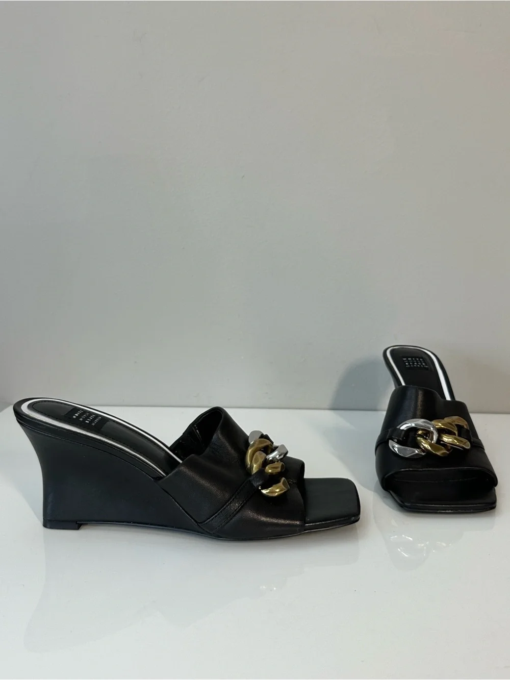 WHBM Black Wedges with Chain Accents Size 7.5 Square Toe Contemporary